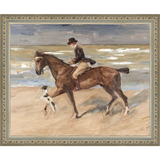 SA151-RIDER AND DOG ON THE BEACH Hand framed in an ornate dark silver frame. Finished Size: W 11.25 in x H 9.25 in