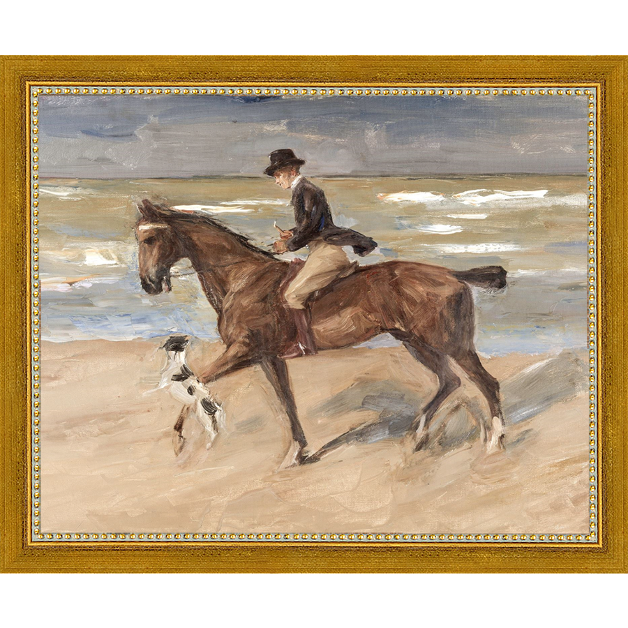 SA151-RIDER AND DOG ON THE BEACH Hand framed in a transitional gold frame. Finished Size: W 11.25 in x H 9.25 in