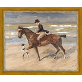 SA151-RIDER AND DOG ON THE BEACH Hand framed in a transitional gold frame. Finished Size: W 11.25 in x H 9.25 in