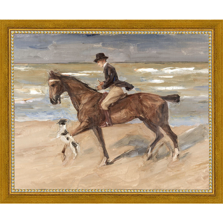 SA151-RIDER AND DOG ON THE BEACH Hand framed in a transitional gold frame. Finished Size: W 11.25 in x H 9.25 in