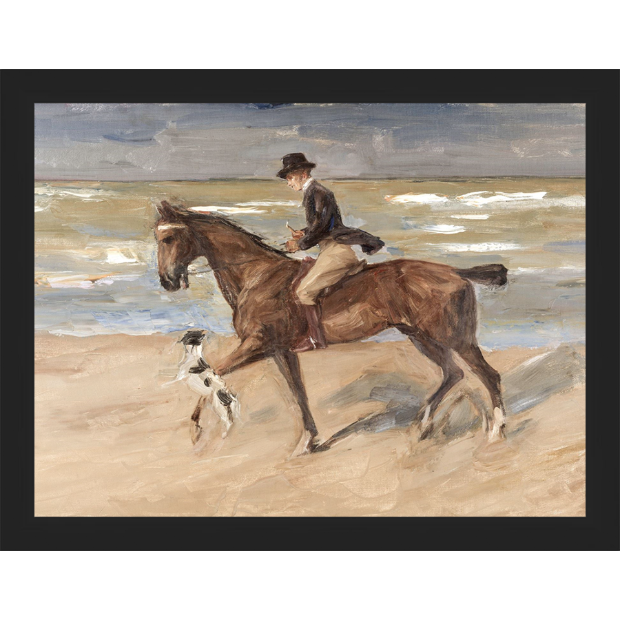 SA151-RIDER AND DOG ON THE BEACH Hand framed in a matte black frame. Finished Size: W 13.25 in x H 10.25 in