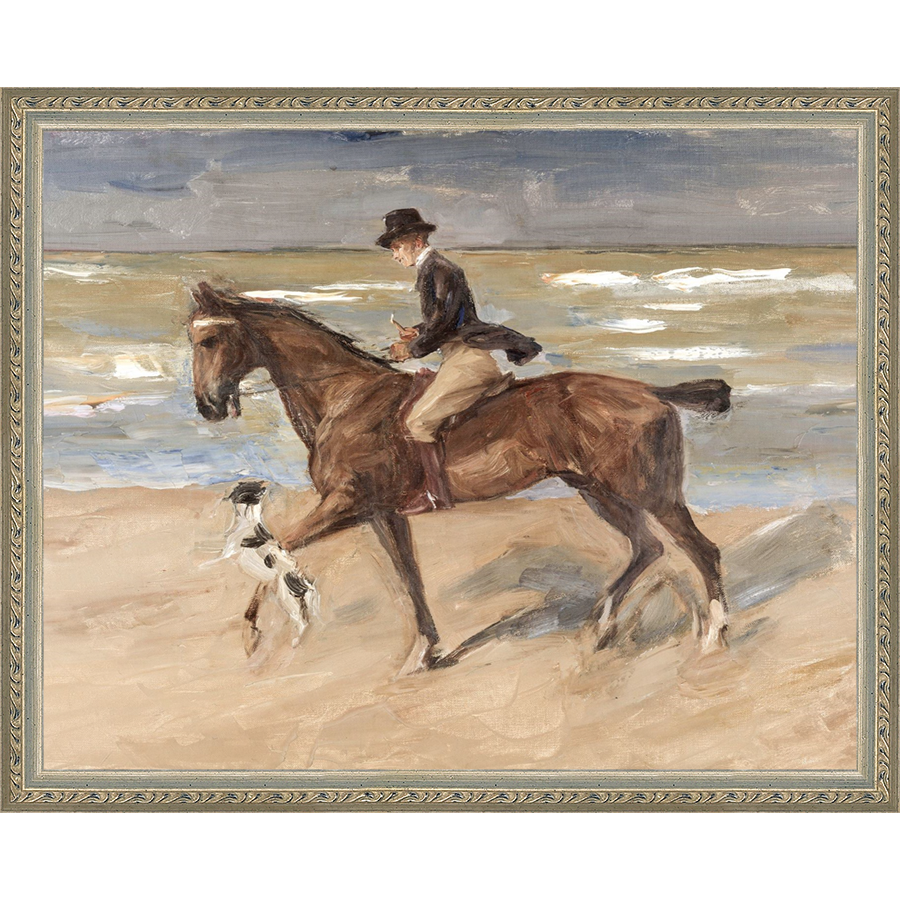 SA151-RIDER AND DOG ON THE BEACH Hand framed in an ornate dark silver frame. Finished Size: W 15.25 in x H 12.25 in