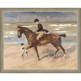 SA151-RIDER AND DOG ON THE BEACH Hand framed in an ornate dark silver frame. Finished Size: W 15.25 in x H 12.25 in