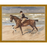 SA151-RIDER AND DOG ON THE BEACH Hand framed in a transitional gold frame. Finished Size: W 15.25 in x H 12.25 in