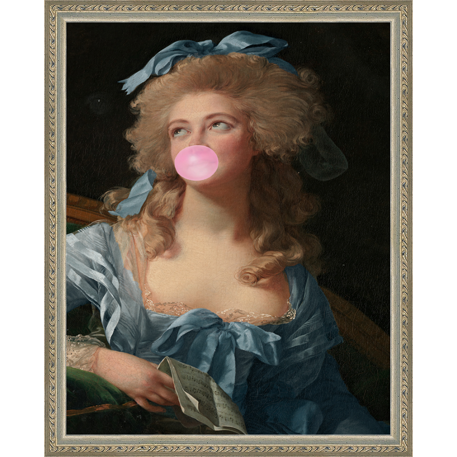 SA231-FANCIFUL ROCOCO WOMAN Hand framed in an ornate dark silver frame. Finished Size: W 12.25 in x H 15.25 in