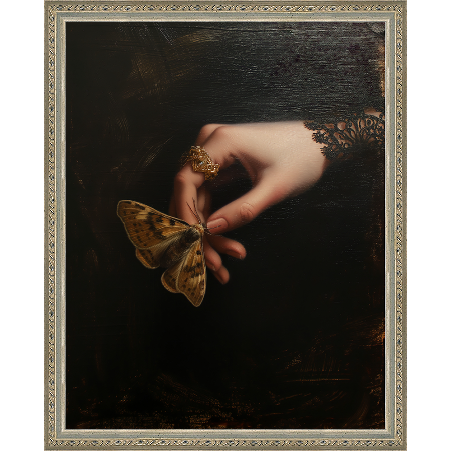 SA251-GOTHIC BUTTERFLY Hand framed in an ornate dark silver frame. Finished Size: W 12.25 in x H 15.25 in