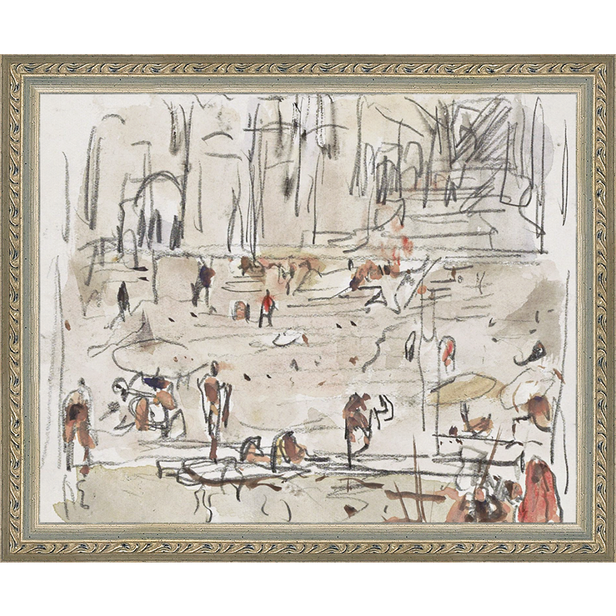 SA267-RIVERBANK SKETCH Hand framed in an ornate dark silver frame. Finished Size: W 11.25 in x H 9.25 in