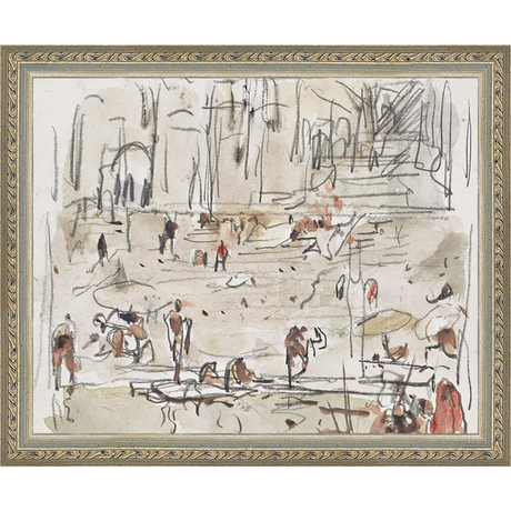 SA267-RIVERBANK SKETCH Hand framed in an ornate dark silver frame. Finished Size: W 11.25 in x H 9.25 in