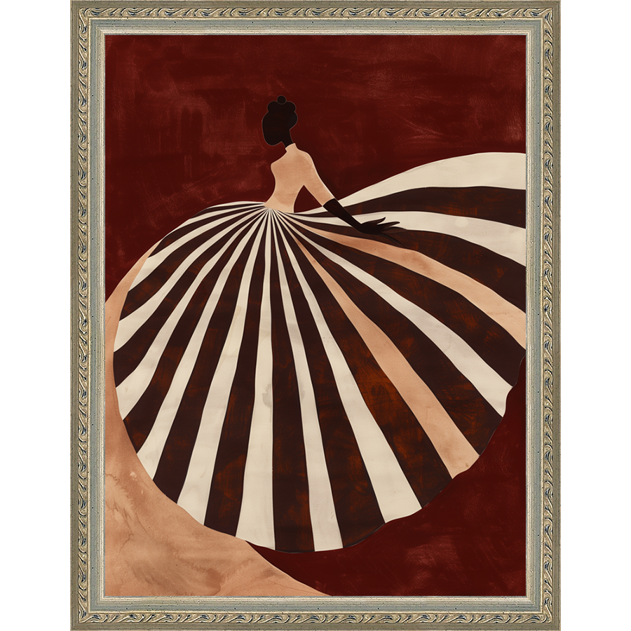 SA280-STRIPED SKIRT Hand framed in an ornate dark silver frame. Finished Size: W 10.25 in x H 13.25 in