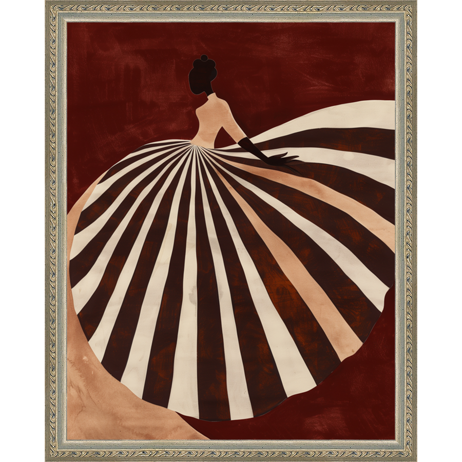 SA280-STRIPED SKIRT Hand framed in an ornate dark silver frame. Finished Size: W 12.25 in x H 15.25 in