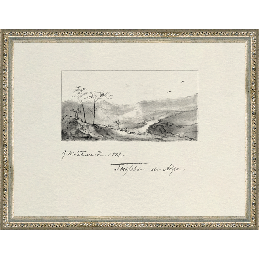 SA284-VINTAGE SKETCH PL 1 Hand framed in an ornate dark silver frame. Finished Size: W 13.25 in x H 10.25 in