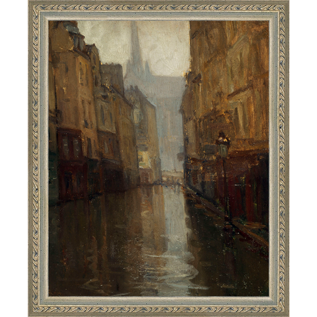 SA293-VIEW TO CATHEDRAL Hand framed in an ornate dark silver frame. Finished Size: W 9.25 in x H 11.25 in