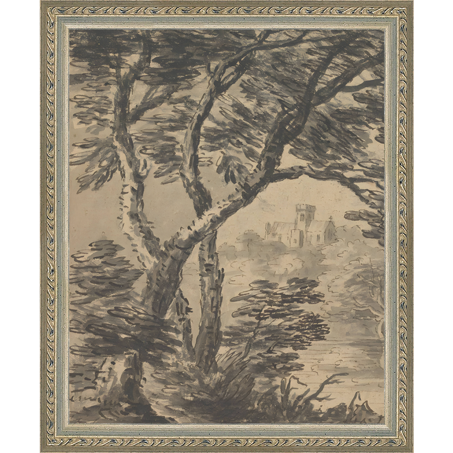 SA295-VIEW TO CHURCH DIPTYCH I  (LEFT) Hand framed in an ornate dark silver frame. Finished Size: W 9.25 in x H 11.25 in