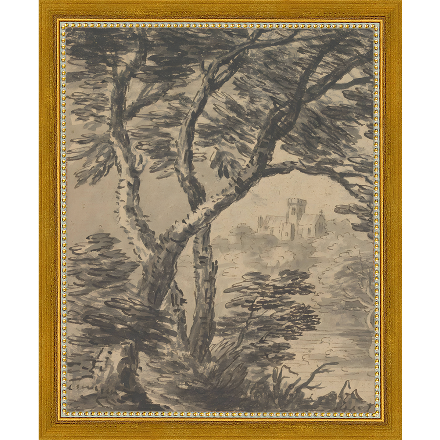 SA295-VIEW TO CHURCH DIPTYCH I  (LEFT) Hand framed in a transitional gold frame. Finished Size: W 9.25 in x H 11.25 in