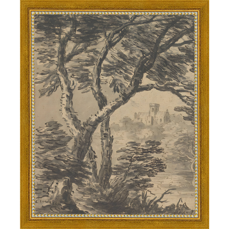 SA295-VIEW TO CHURCH DIPTYCH I  (LEFT) Hand framed in a transitional gold frame. Finished Size: W 9.25 in x H 11.25 in