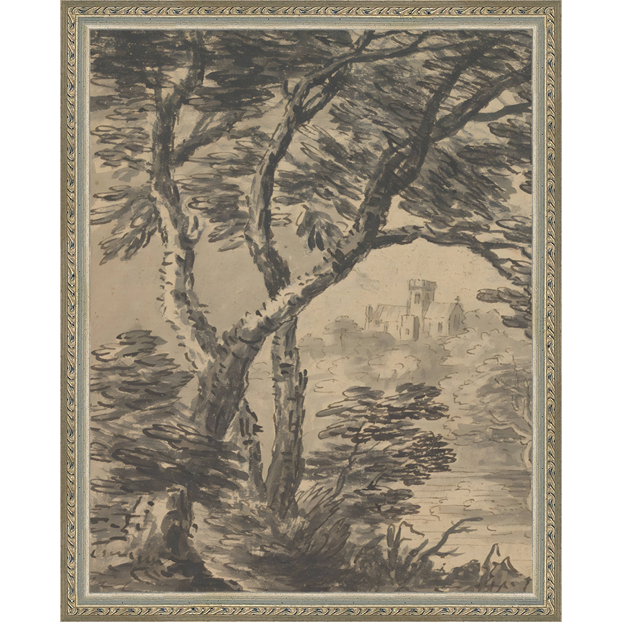 SA295-VIEW TO CHURCH DIPTYCH I  (LEFT) Hand framed in an ornate dark silver frame. Finished Size: W 12.25 in x H 15.25 in