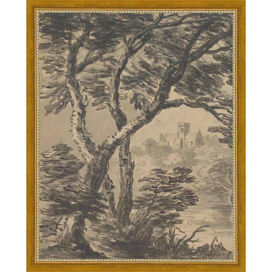 SA295-VIEW TO CHURCH DIPTYCH I  (LEFT) Hand framed in a transitional gold frame. Finished Size: W 12.25 in x H 15.25 in