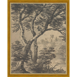 SA295-VIEW TO CHURCH DIPTYCH I  (LEFT) Hand framed in a transitional gold frame. Finished Size: W 12.25 in x H 15.25 in