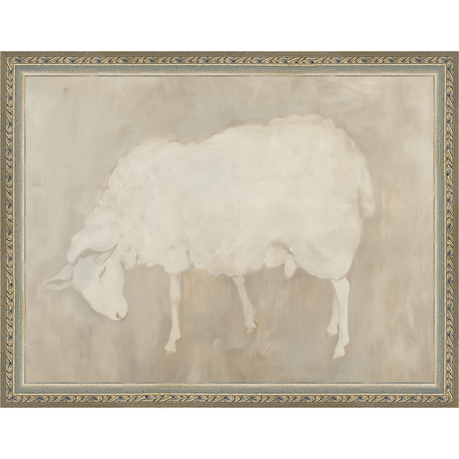 SA312-MUTED LAMB Hand framed in an ornate dark silver frame. Finished Size: W 13.25 in x H 10.25 in