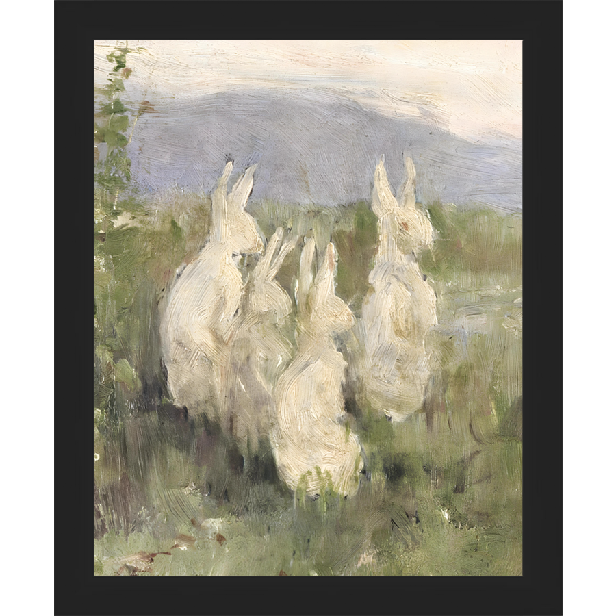 SA316-BUNNIES IN FIELD Hand framed in a matte black frame. Finished Size: W 9.25 in x H 11.25 in