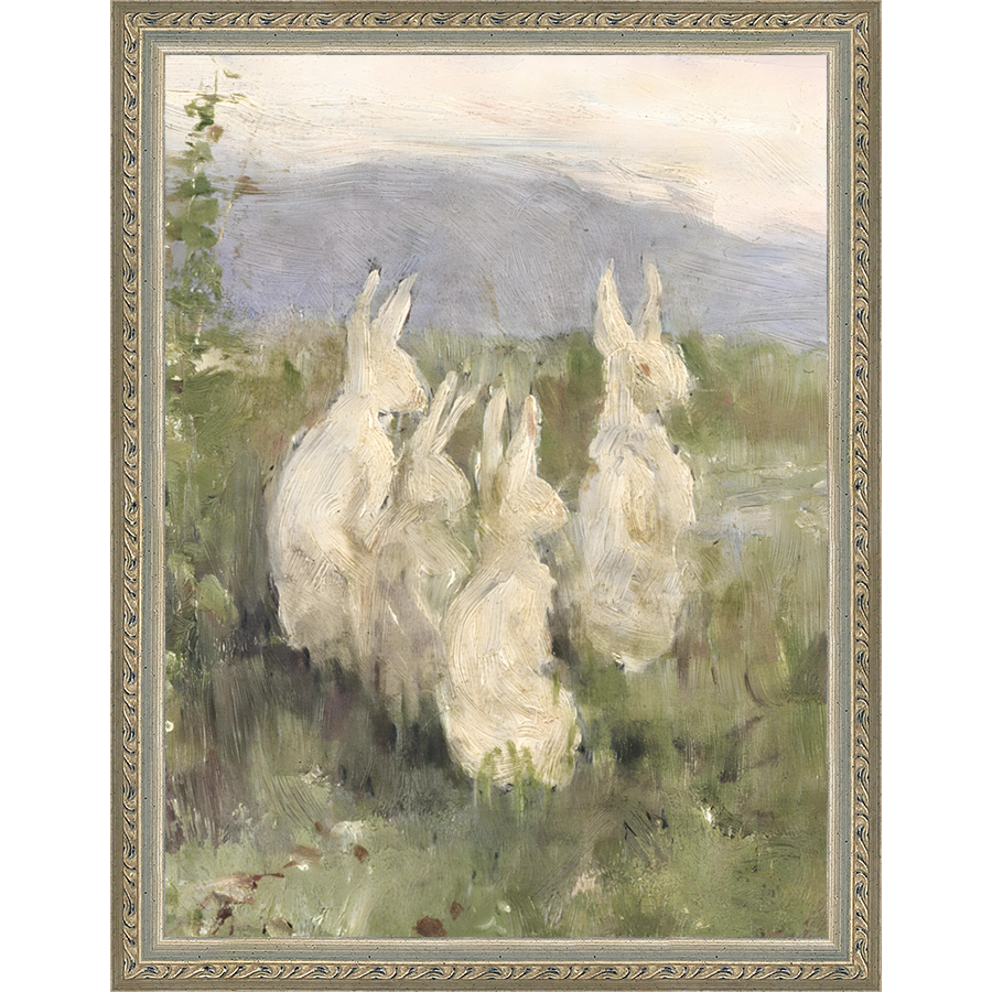 SA316-BUNNIES IN FIELD Hand framed in an ornate dark silver frame. Finished Size: W 10.25 in x H 13.25 in