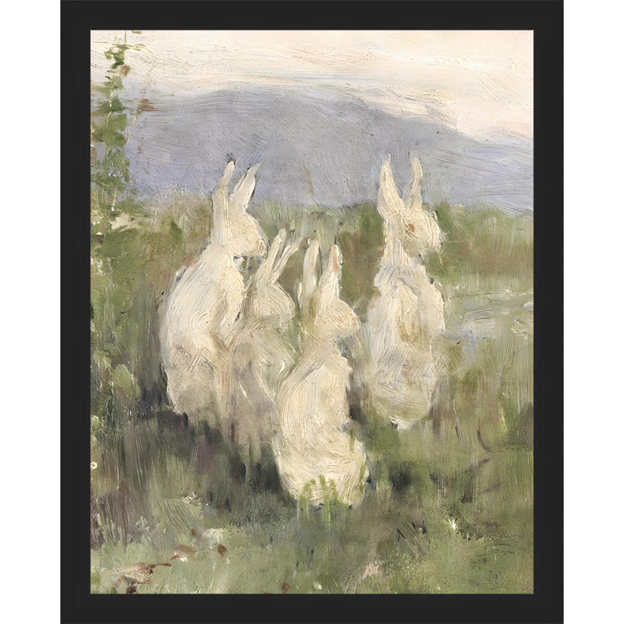 SA316-BUNNIES IN FIELD Hand framed in a matte black frame. Finished Size: W 12.25 in x H 15.25 in
