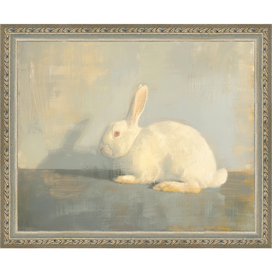 SA317-WHITE RABBIT Hand framed in an ornate dark silver frame. Finished Size: W 11.25 in x H 9.25 in
