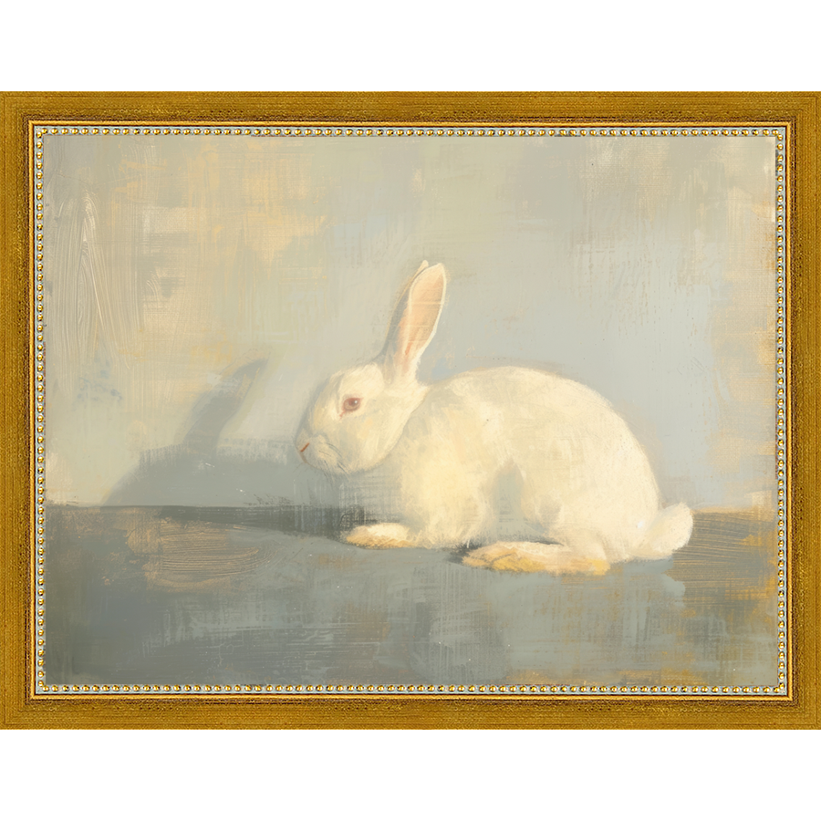 SA317-WHITE RABBIT Hand framed in a transitional gold frame. Finished Size: W 13.25 in x H 10.25 in