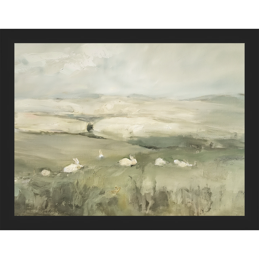 SA318-PRAIRIE BUNNIES Hand framed in a matte black frame. Finished Size: W 13.25 in x H 10.25 in