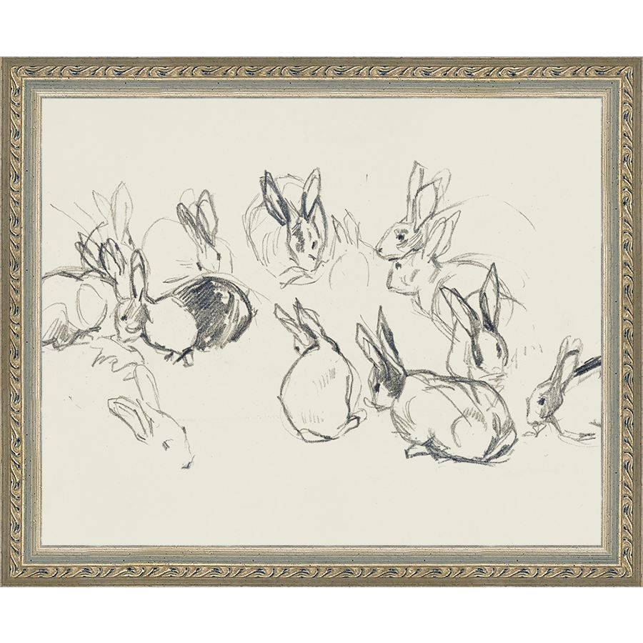 SA319-BUNNIES SKETCH Hand framed in an ornate dark silver frame. Finished Size: W 11.25 in x H 9.25 in