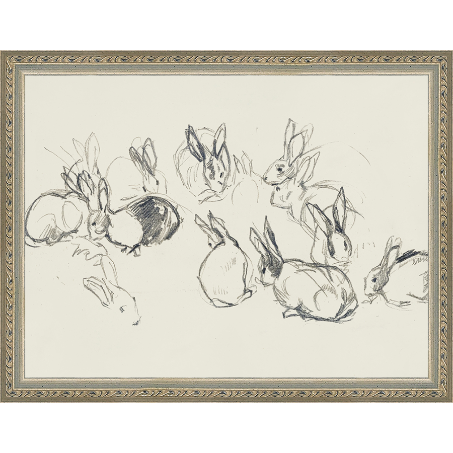 SA319-BUNNIES SKETCH Hand framed in an ornate dark silver frame. Finished Size: W 13.25 in x H 10.25 in