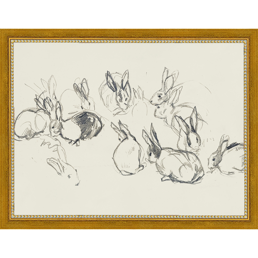 SA319-BUNNIES SKETCH Hand framed in a transitional gold frame. Finished Size: W 13.25 in x H 10.25 in