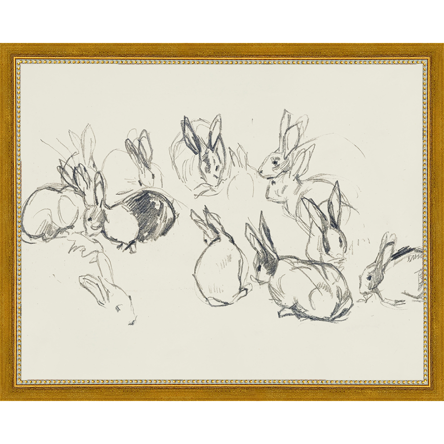 SA319-BUNNIES SKETCH Hand framed in a transitional gold frame. Finished Size: W 15.25 in x H 12.25 in
