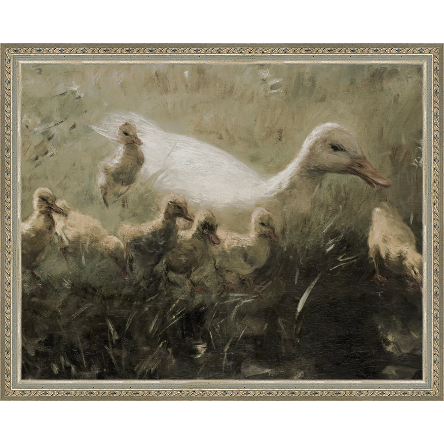SA320-DUCKLINGS Hand framed in an ornate dark silver frame. Finished Size: W 15.25 in x H 12.25 in