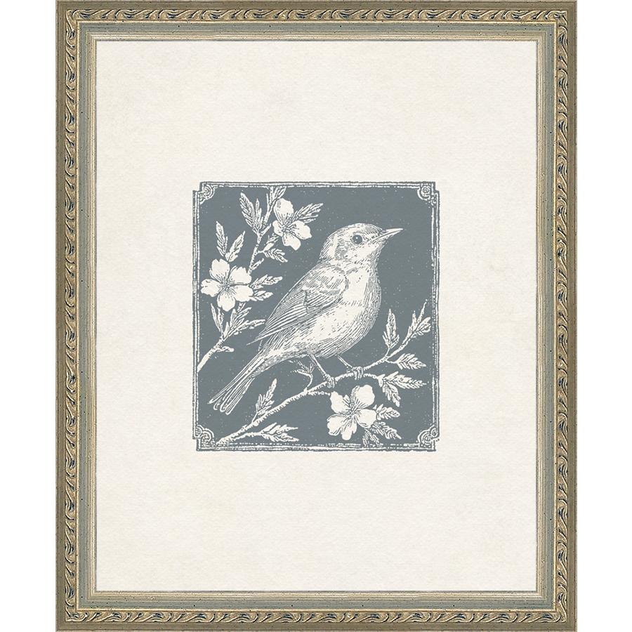 SA322-SONGBIRD I Hand framed in an ornate dark silver frame. Finished Size: W 9.25 in x H 11.25 in