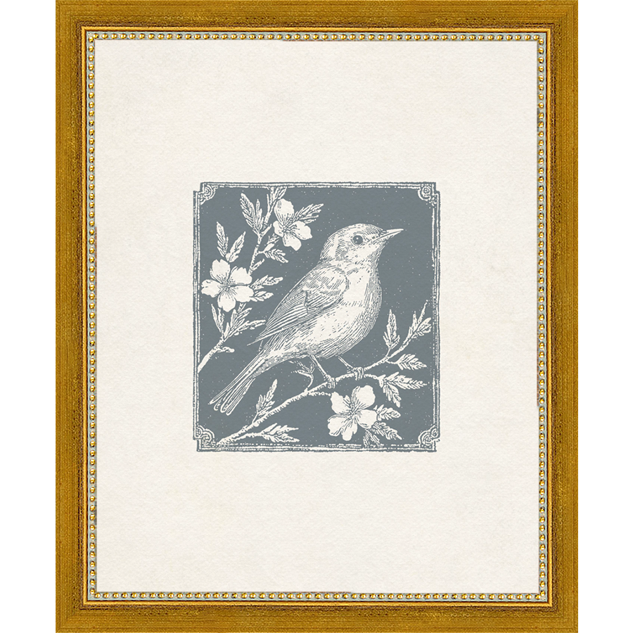 SA322-SONGBIRD I Hand framed in a transitional gold frame. Finished Size: W 9.25 in x H 11.25 in