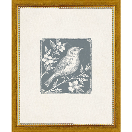SA322-SONGBIRD I Hand framed in a transitional gold frame. Finished Size: W 9.25 in x H 11.25 in