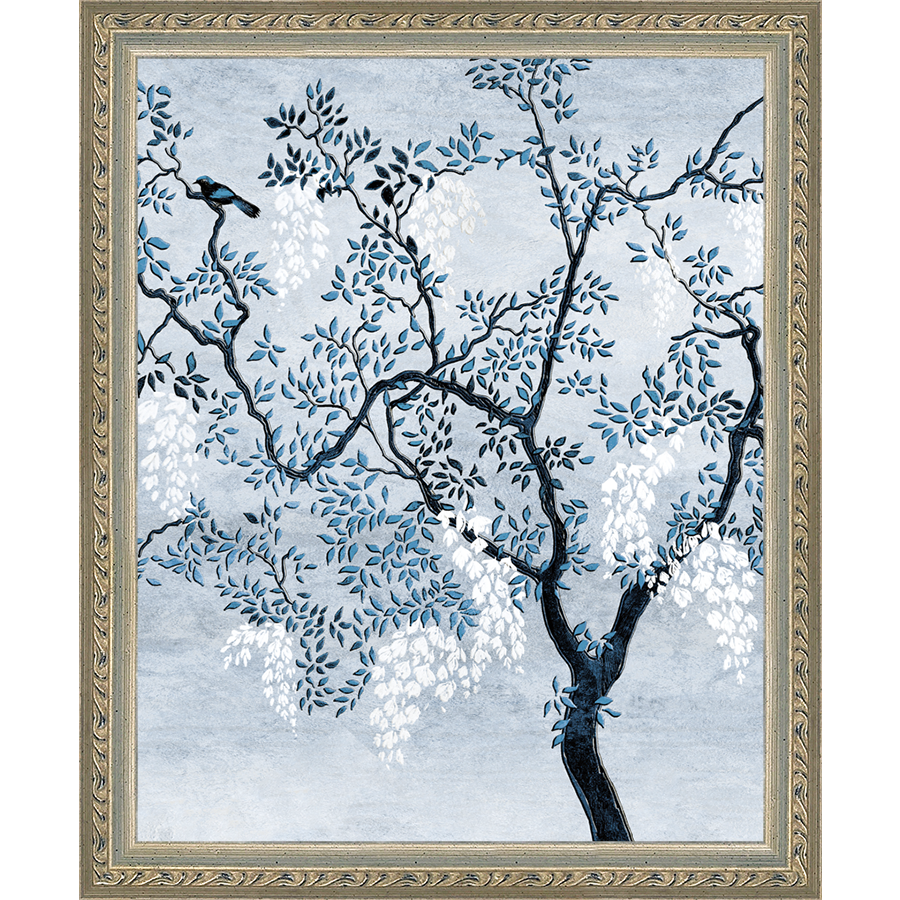 SA328-BLUE TRIPTYCH II Hand framed in an ornate dark silver frame. Finished Size: W 9.25 in x H 11.25 in