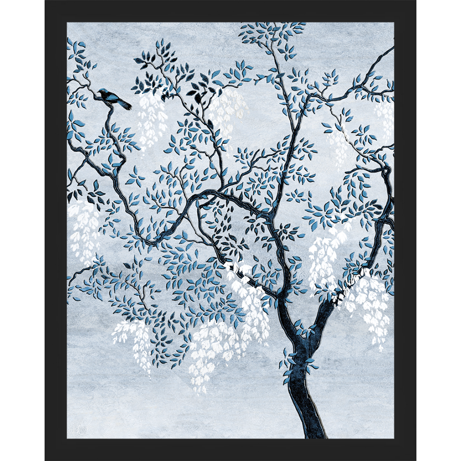 SA328-BLUE TRIPTYCH II Hand framed in a matte black frame. Finished Size: W 12.25 in x H 15.25 in