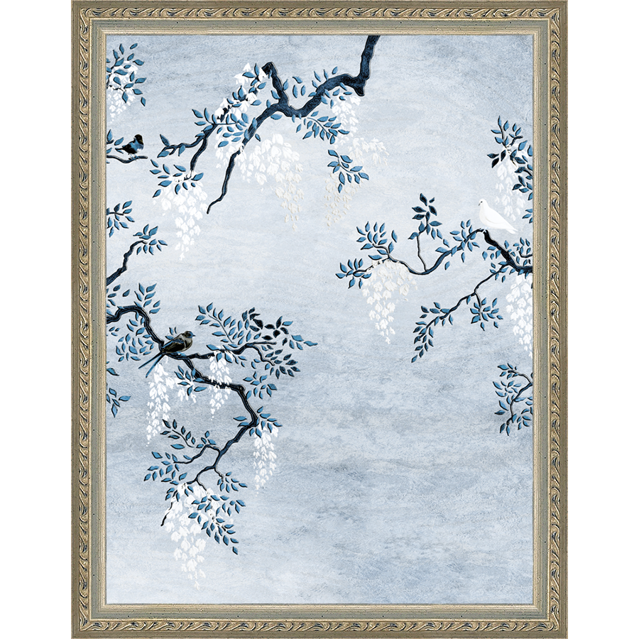 SA329-BLUE TRIPTYCH III Hand framed in an ornate dark silver frame. Finished Size: W 10.25 in x H 13.25 in