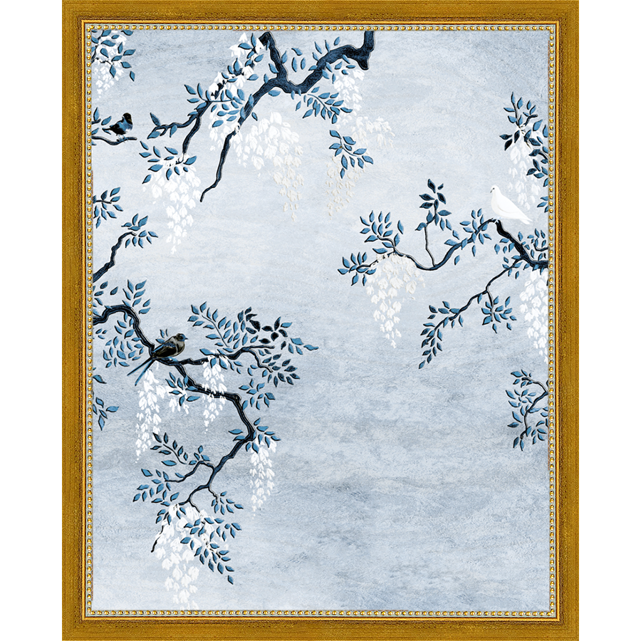 SA329-BLUE TRIPTYCH III Hand framed in a transitional gold frame. Finished Size: W 12.25 in x H 15.25 in