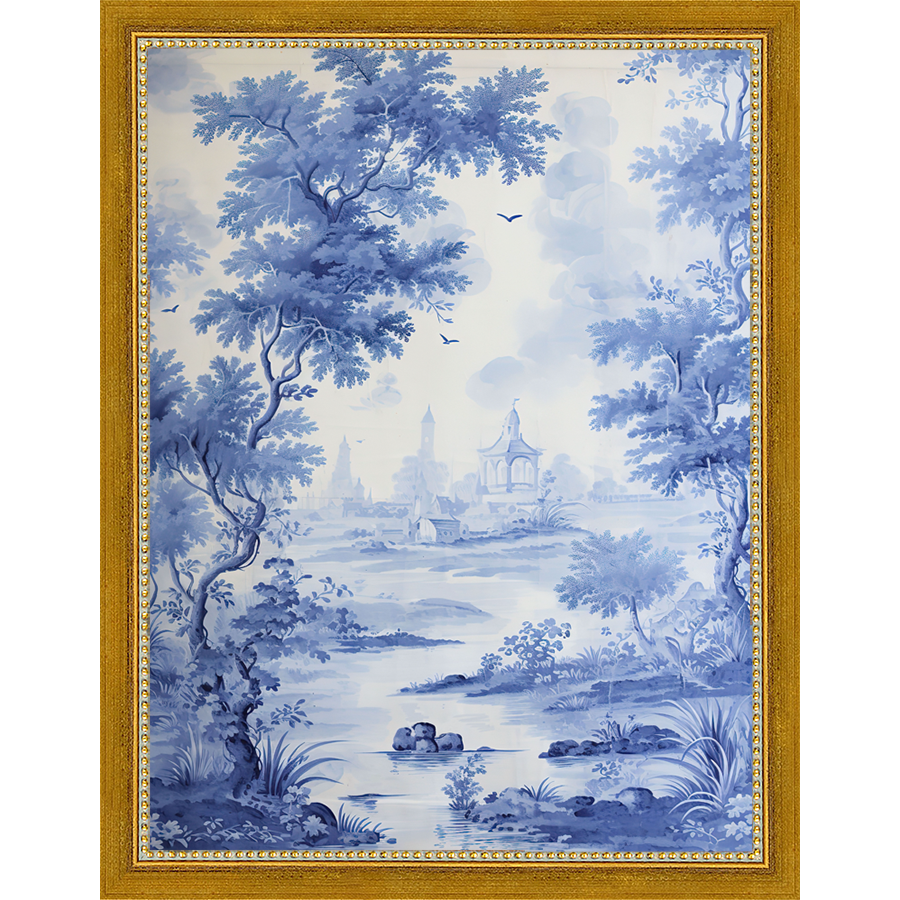 SA330-BLUE JOUY I Hand framed in a transitional gold frame. Finished Size: W 10.25 in x H 13.25 in