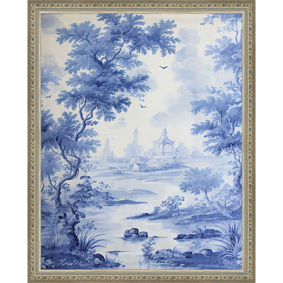 SA330-BLUE JOUY I Hand framed in an ornate dark silver frame. Finished Size: W 12.25 in x H 15.25 in