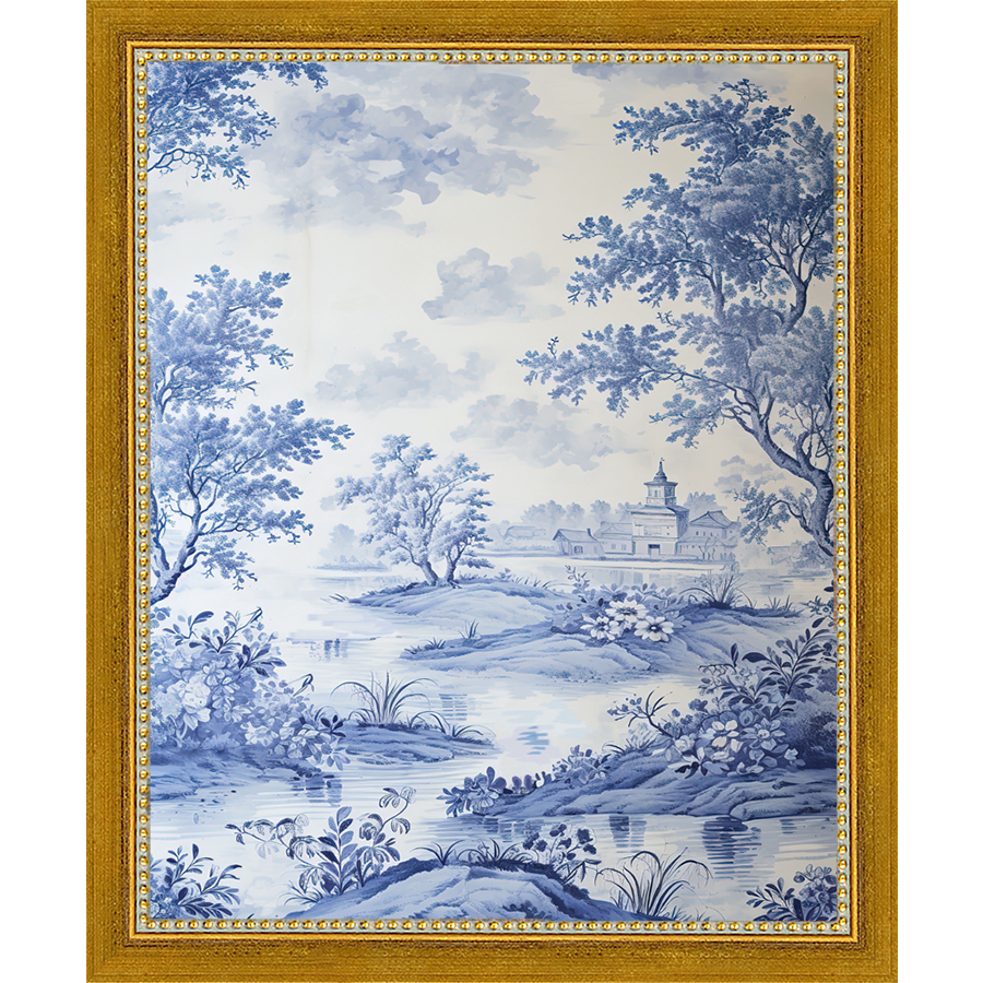 SA331-BLUE JOUY II Hand framed in a transitional gold frame. Finished Size: W 9.25 in x H 11.25 in