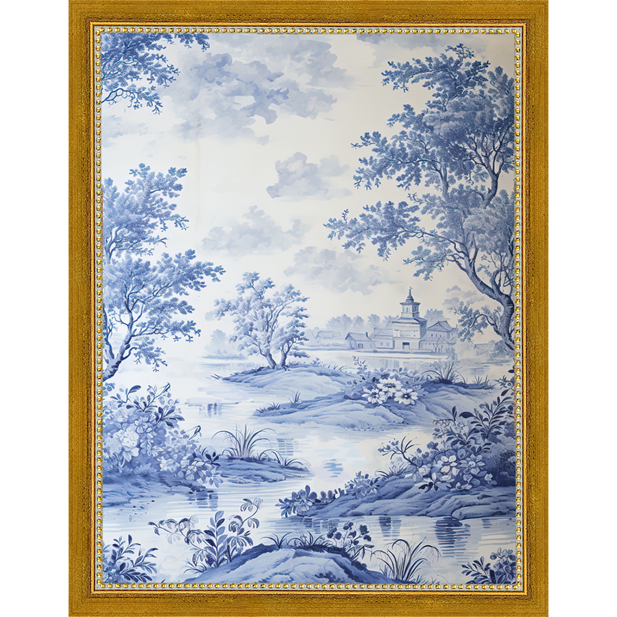 SA331-BLUE JOUY II Hand framed in a transitional gold frame. Finished Size: W 10.25 in x H 13.25 in