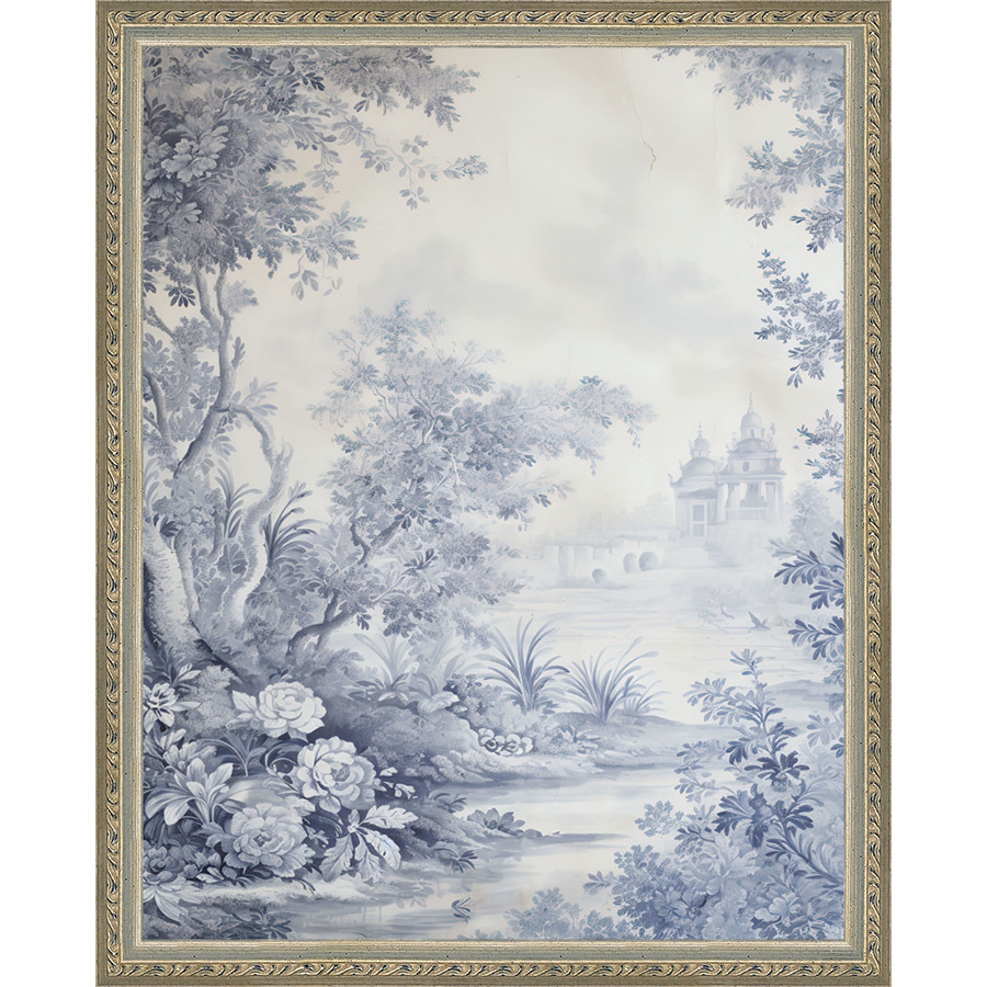 SA333-TOILE LANDSCAPE I Hand framed in an ornate dark silver frame. Finished Size: W 12.25 in x H 15.25 in