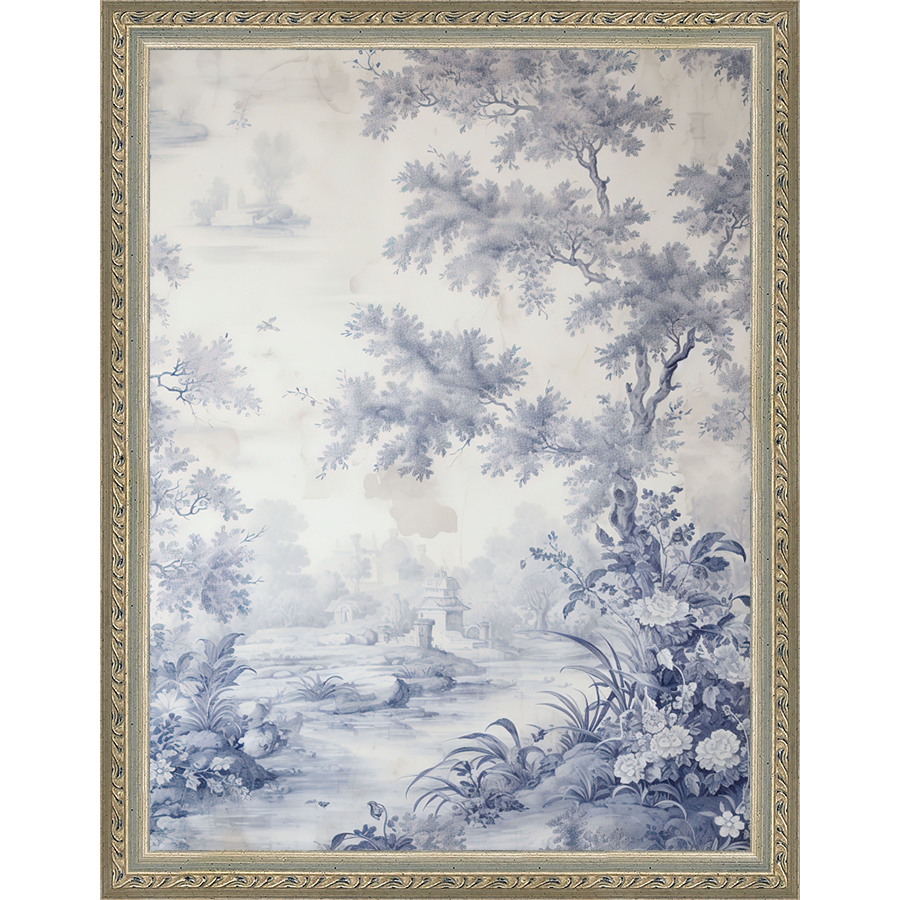 SA334-TOILE LANDSCAPE II Hand framed in an ornate dark silver frame. Finished Size: W 10.25 in x H 13.25 in