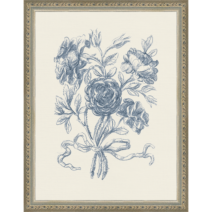 SA335-TOILE BOUQUET I Hand framed in an ornate dark silver frame. Finished Size: W 10.25 in x H 13.25 in