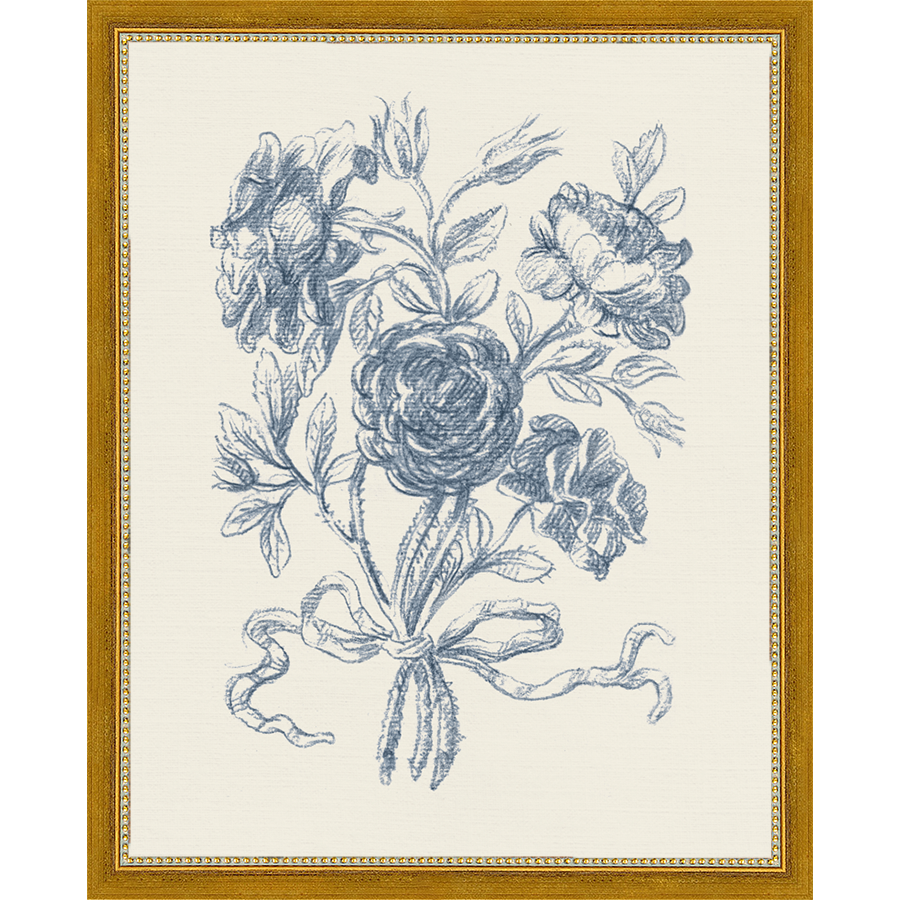 SA335-TOILE BOUQUET I Hand framed in a transitional gold frame. Finished Size: W 12.25 in x H 15.25 in