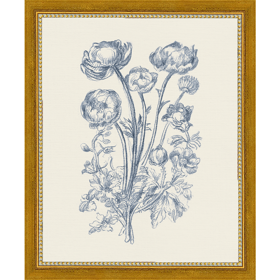 SA336-TOILE BOUQUET II Hand framed in a transitional gold frame. Finished Size: W 9.25 in x H 11.25 in